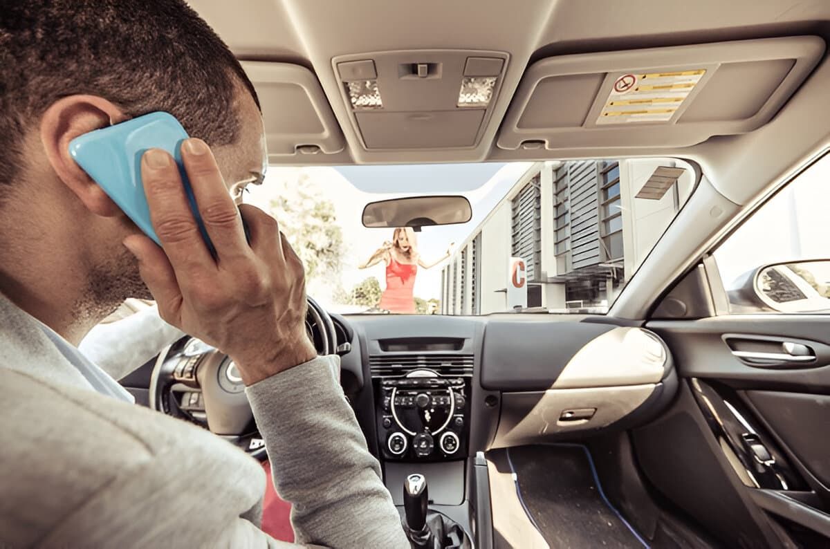 Car accident. Distracted driver on the phone running over a pedestrian. Concept about transportation and driving dangers