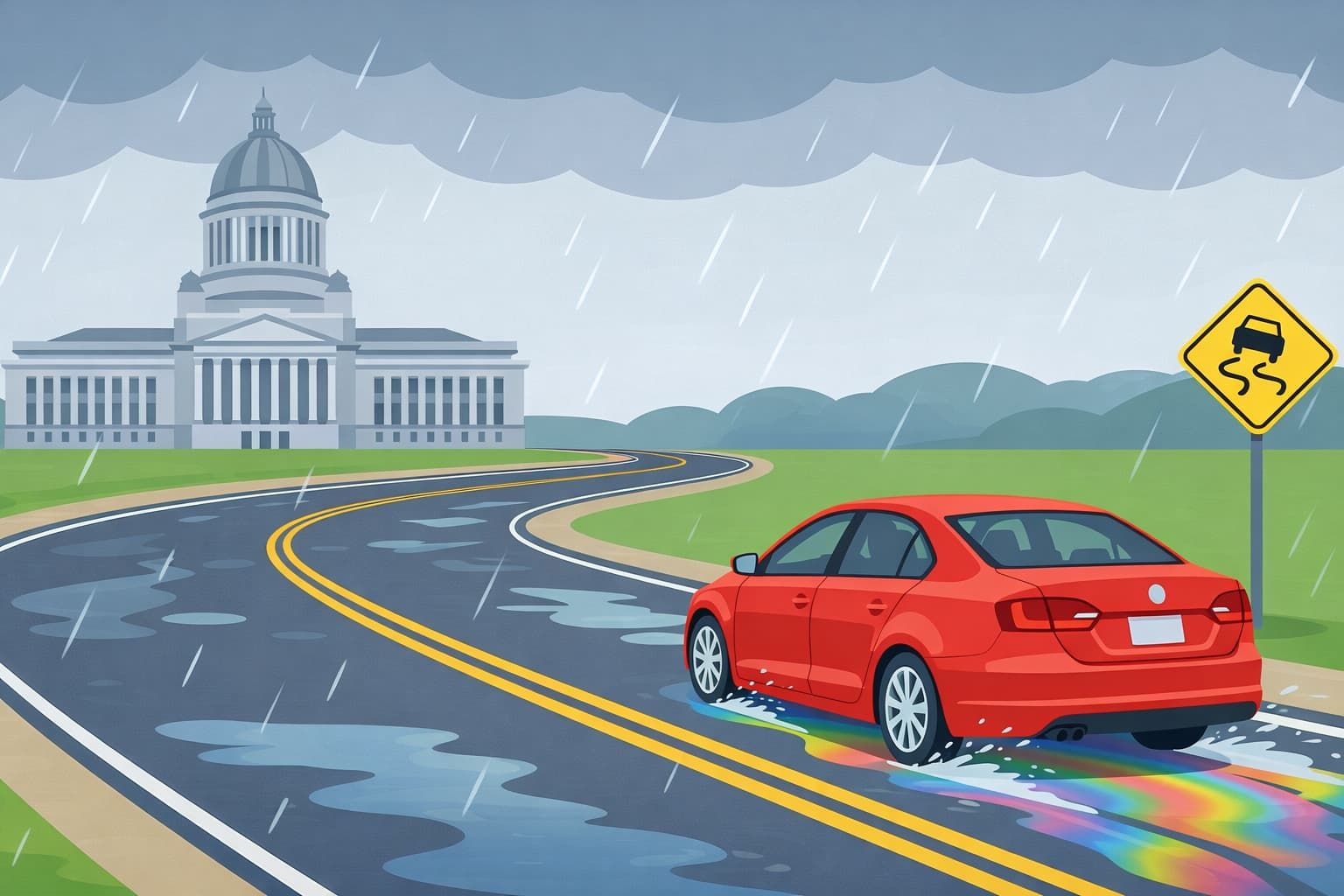 Flat vector illustration of a red car driving on a rain-soaked curved road with an oil-slick sheen, approaching the Washington State Capitol under stormy skies.