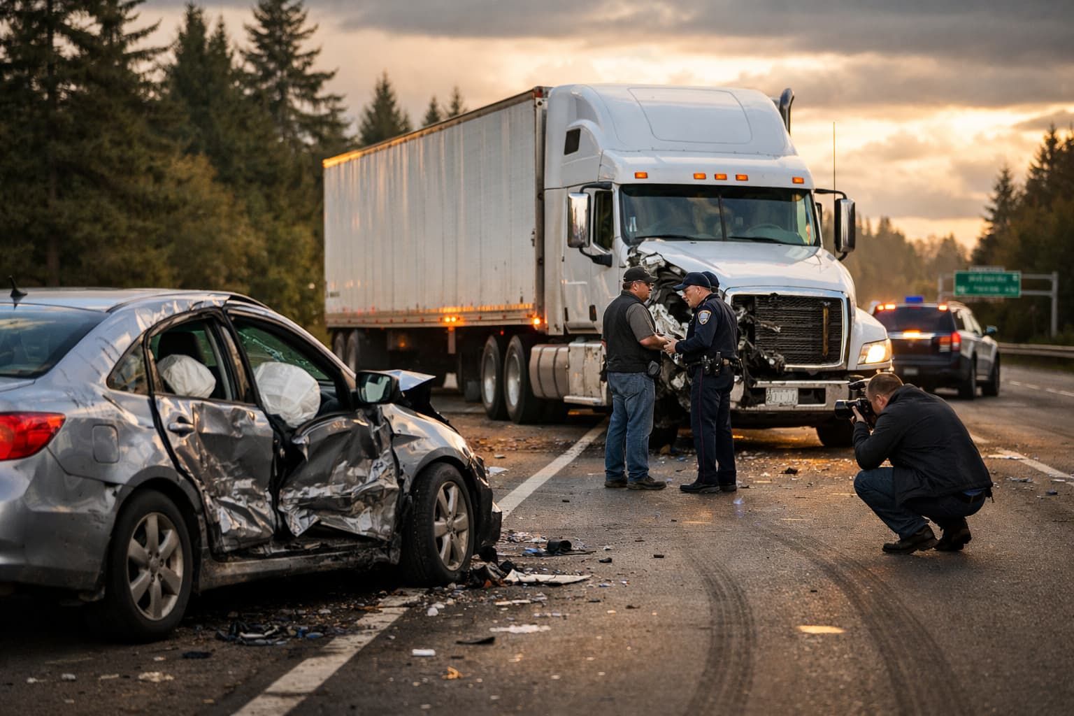 Commercial truck accident near Olympia showing damaged passenger car beside semi-truck on highway during investigation