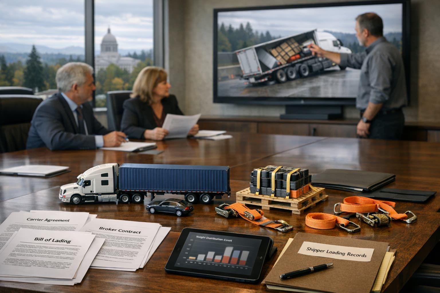 Truck accident attorneys in Olympia reviewing carrier contracts, shipper loading records, and cargo weight analysis to determine multi-party liability after a commercial trucking crash.