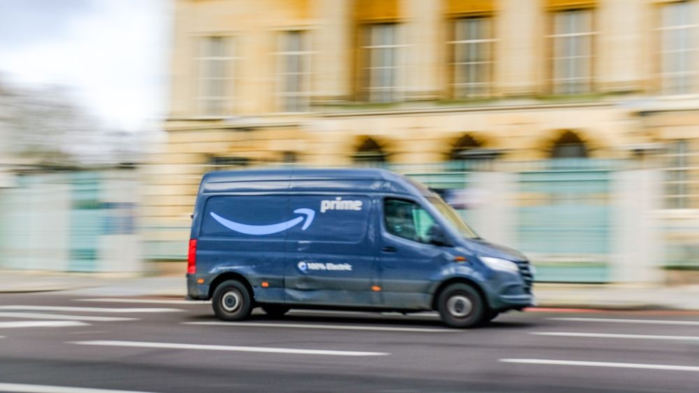LONDON- FEBRUARY 19, 2024 Amazon Prime delivery van in motion on London street