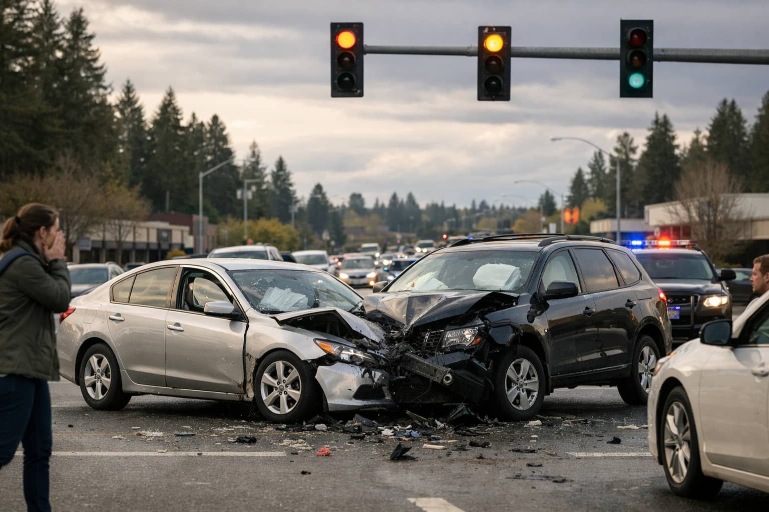 Left-turn car accident at a busy Olympia intersection involving a disputed yellow-light violation.