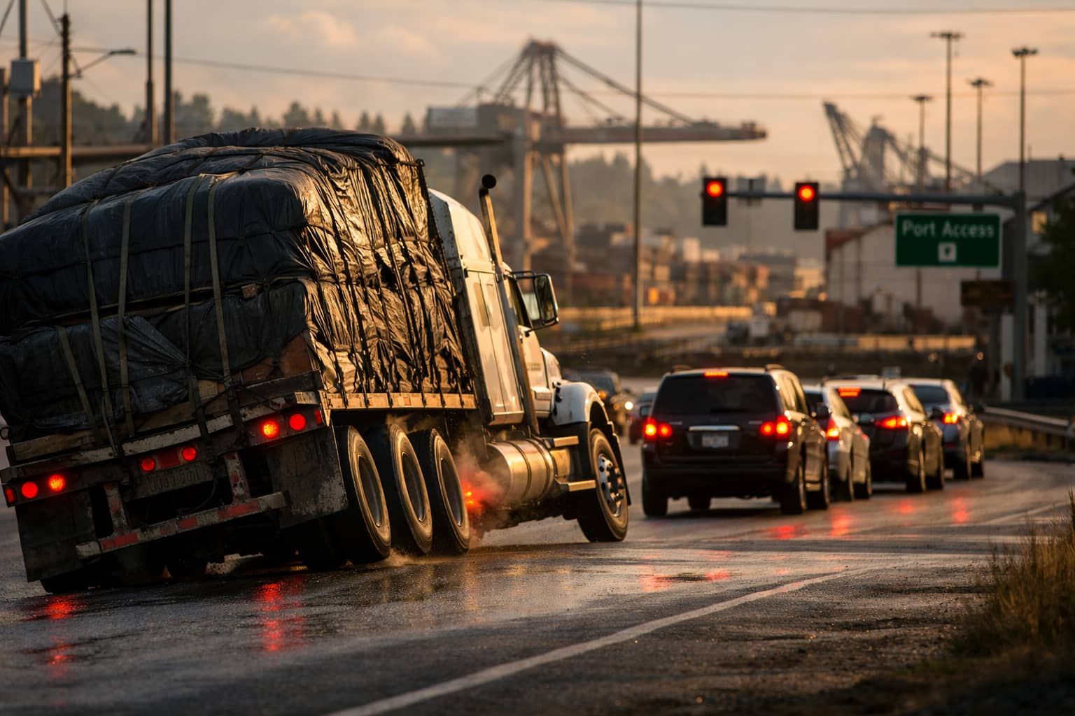 Overweight commercial truck traveling on Marine Drive near the Port of Olympia, showing strain and instability in a port-access area.