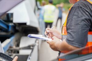 Insurance agent writes on clipboard, assessing car accident damage with blurred vehicle and bystanders in background.
