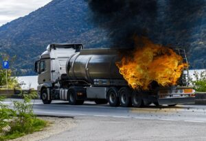 Fuel carrier in flames. The truck carrying fuel caught fire while on the street.
