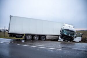 Jackknifed semi-truck on a wet rural road with the trailer blocking the lane and the cab angled into a muddy ditch after an accident.