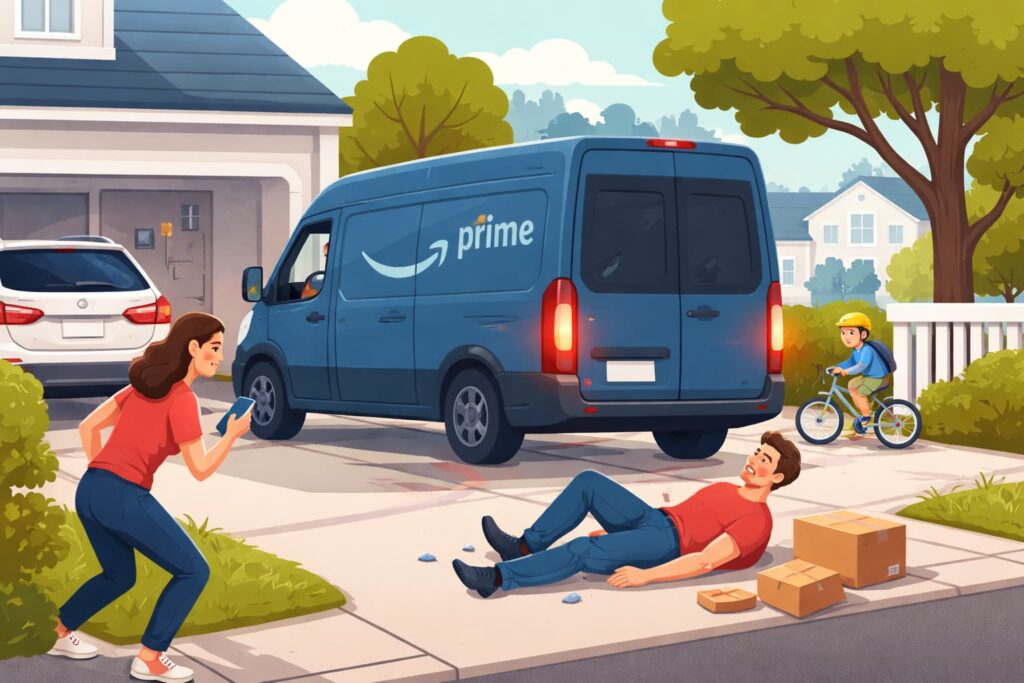 Illustration of an Amazon delivery van backing up in a residential driveway where a pedestrian has been struck, highlighting driveway accident risks in Washington.