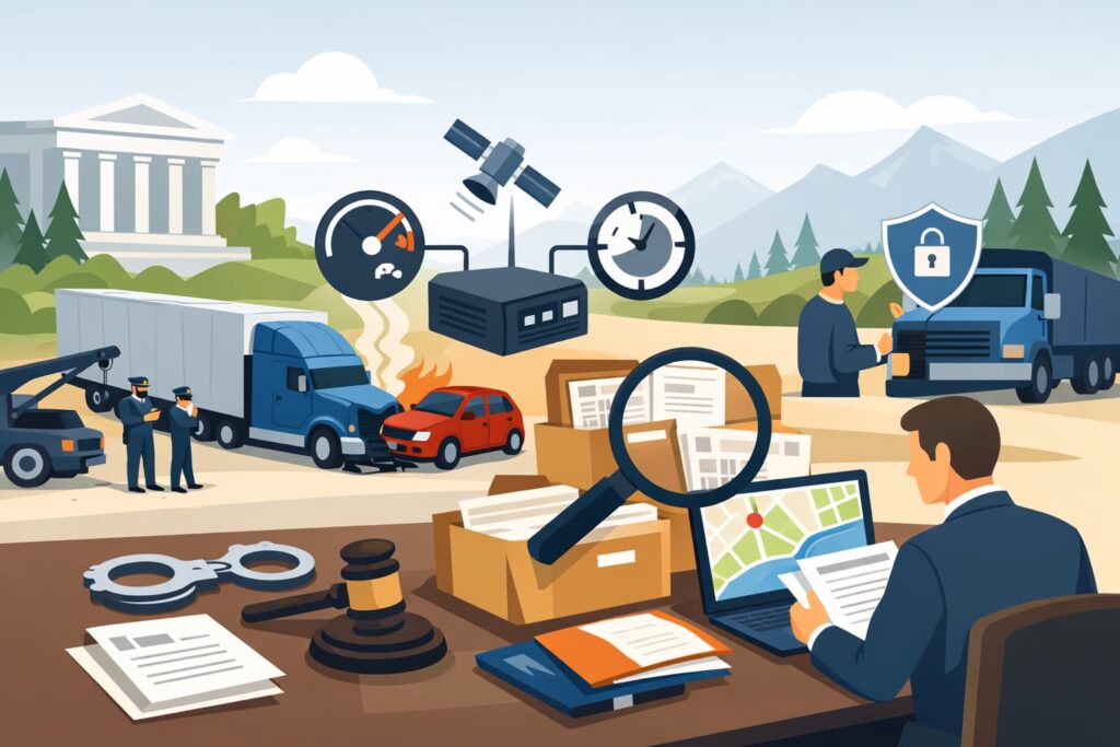 Flat vector illustration of ELD black box evidence in a truck accident investigation, showing a crash scene, data analysis, and legal review in Washington.