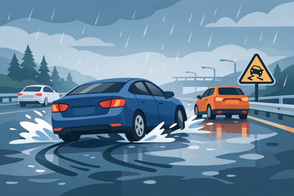 Flat vector illustration of cars hydroplaning on a rain-soaked highway, with water spray, wet pavement, and reduced traction during a storm.