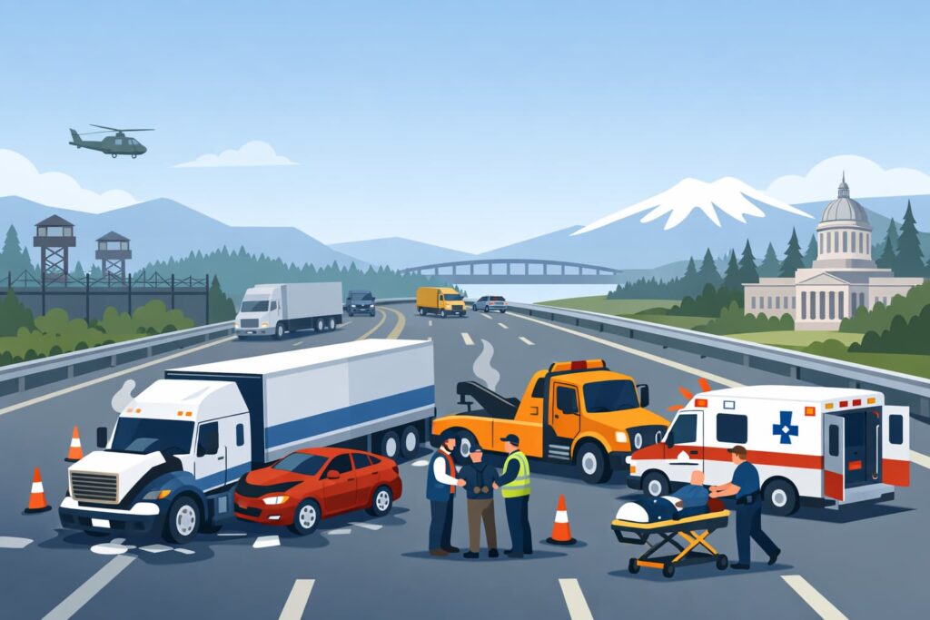 Flat vector illustration of a semi-truck collision on I-5 near Mounts Road in Olympia, with emergency vehicles responding on a busy Washington highway.