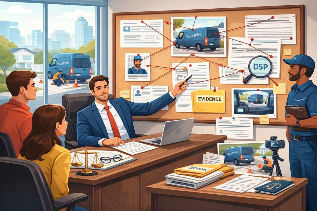 Flat vector illustration of a personal injury attorney investigating an Amazon delivery van accident, reviewing evidence to determine liability and responsible parties.
