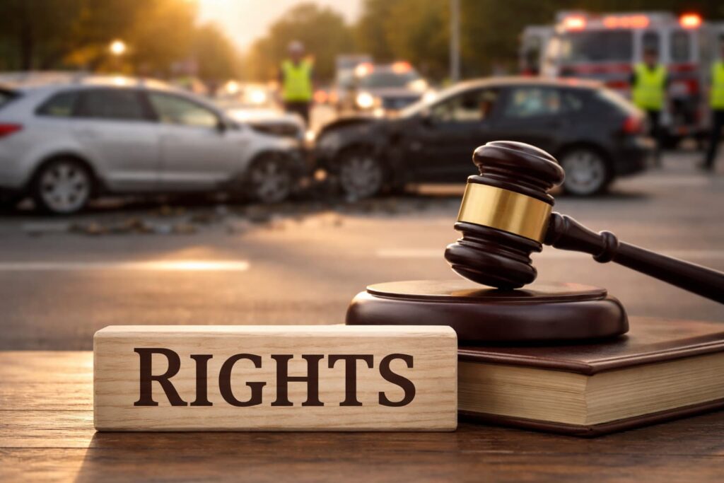 Judge’s gavel and a wooden block labeled “Rights” in focus, with a blurred Tampa intersection car accident in the background, symbolizing Florida no-fault insurance and injury claim rights.