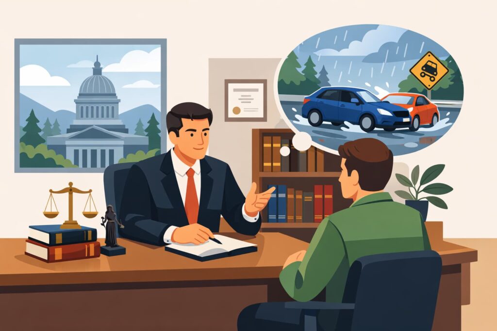 Client consulting with a lawyer in a modern office about a hydroplaning car accident in Olympia, illustrated in a clean flat vector style.