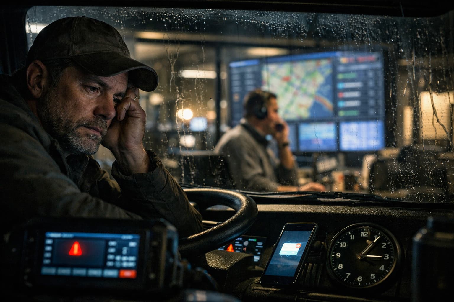 Exhausted truck driver inside tractor-trailer at night with electronic logging device warning light, symbolizing dispatcher pressure and Hours-of-Service violations.