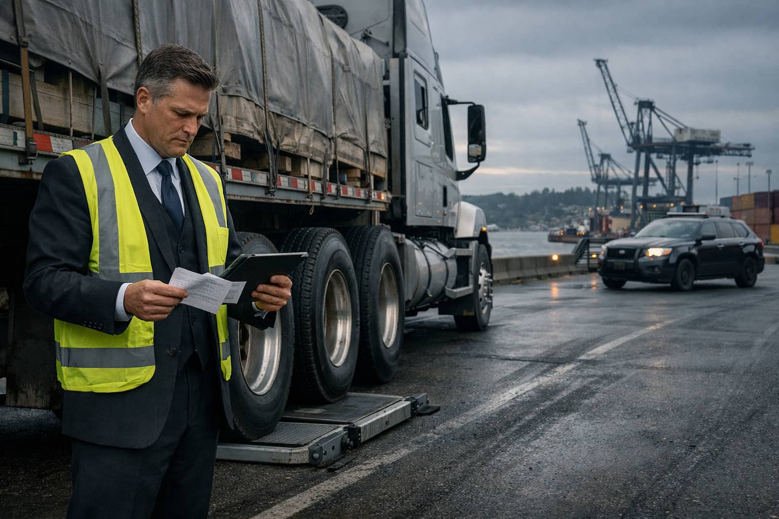 Truck accident attorney reviewing weigh station records beside an overweight commercial truck on Marine Drive near the Port of Olympia.