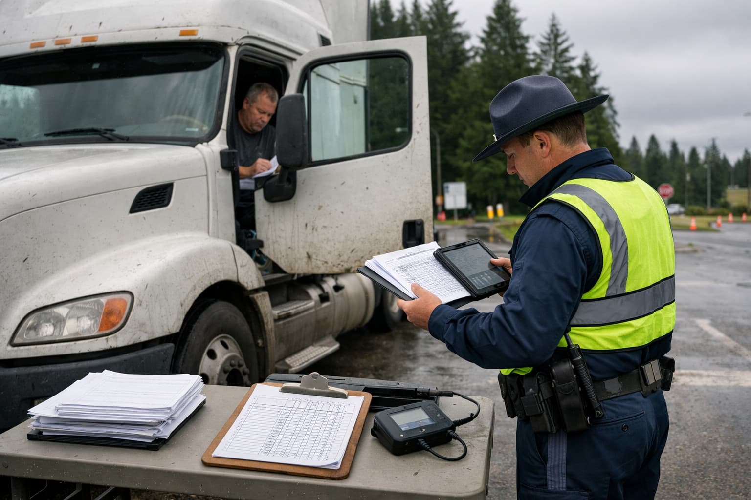 State trooper comparing truck driver paper logbook with GPS data during Washington roadside inspection