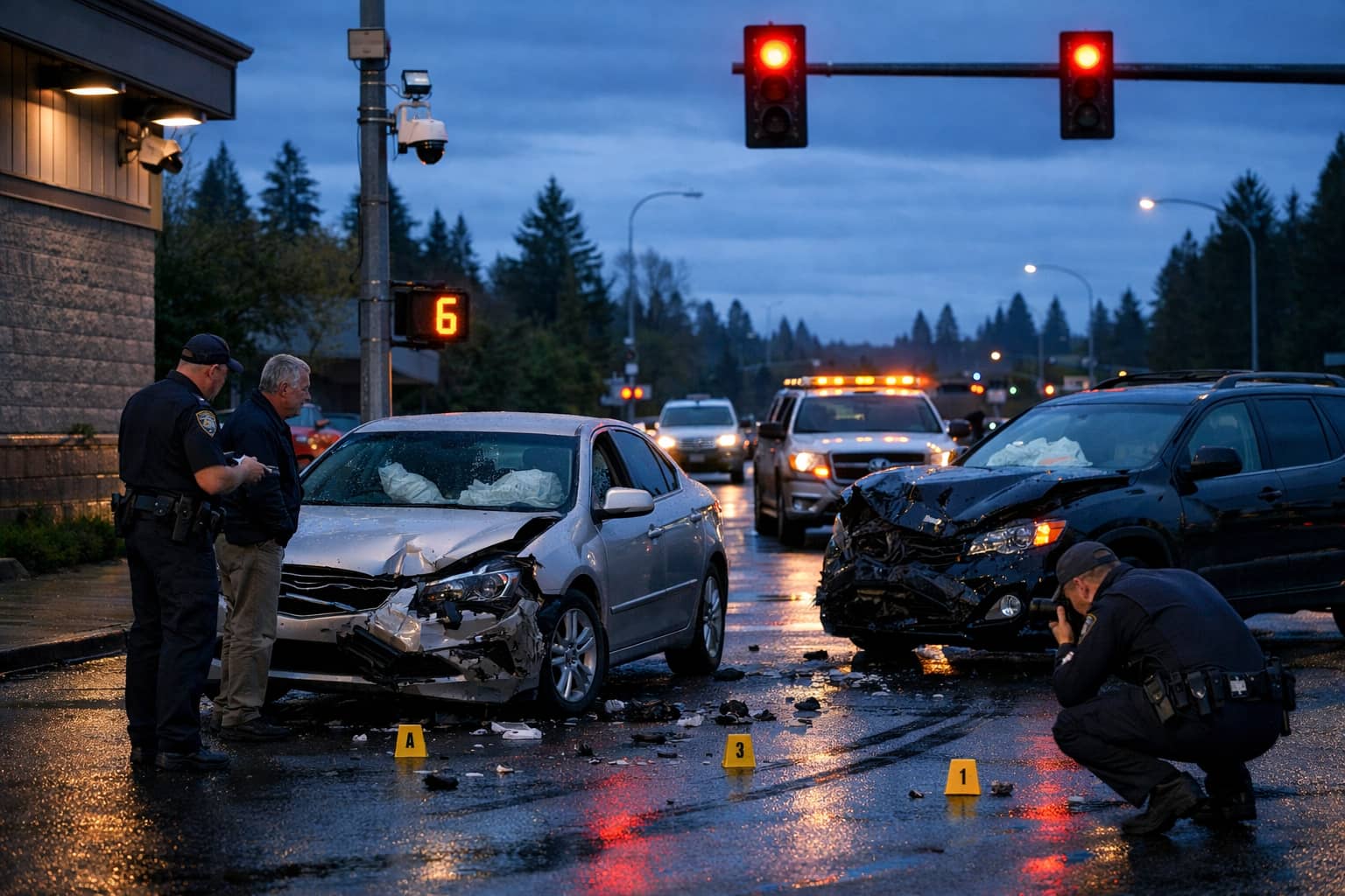 Olympia left-turn collision at a busy intersection with police documenting skid marks and a red traffic signal visible overhead.
