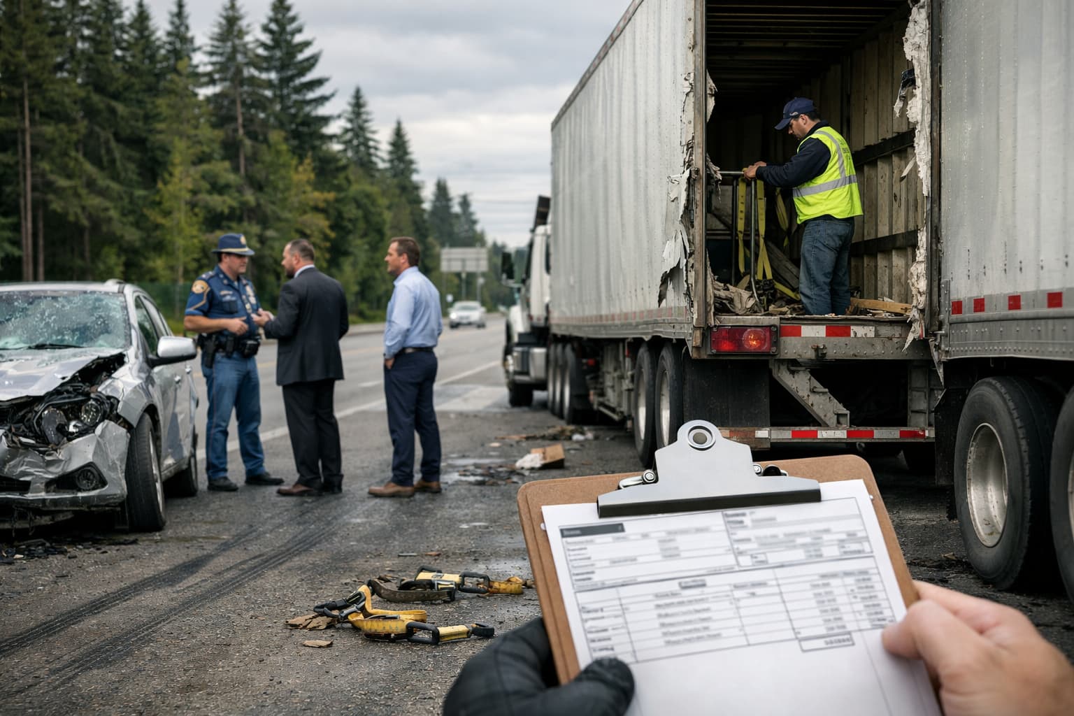 Truck crash investigation near Olympia showing semi-truck cargo inspection and multiple parties reviewing liability documents after collision.