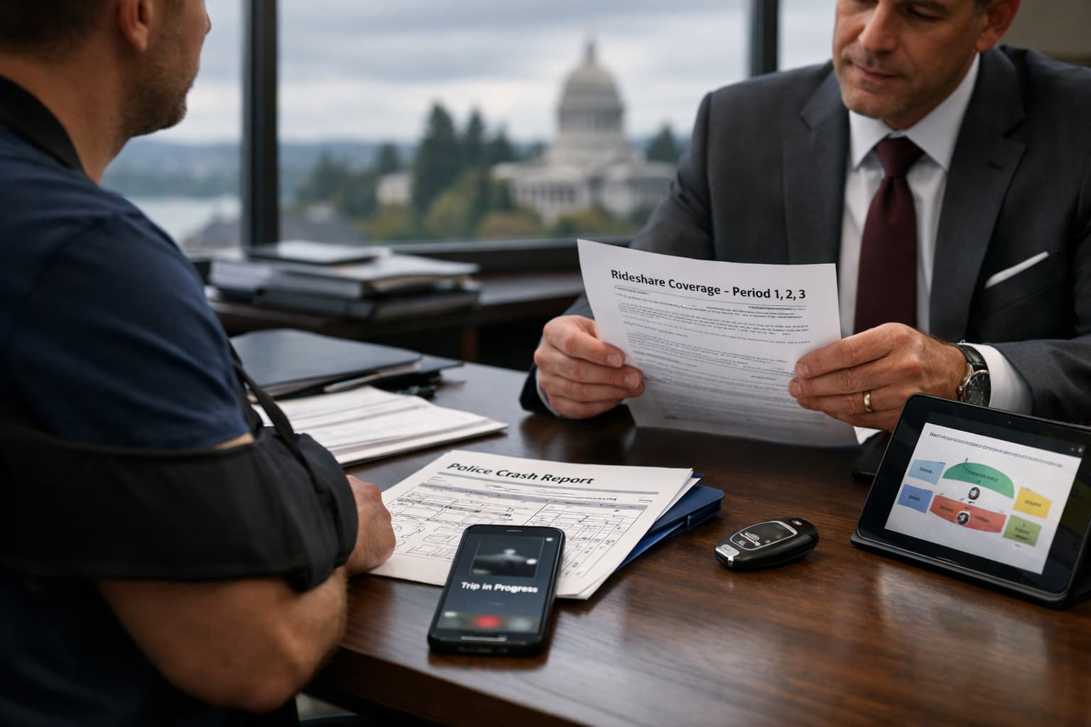 Injured rideshare passenger meeting with a lawyer in Olympia, Washington to review Uber or Lyft insurance coverage documents after an accident.