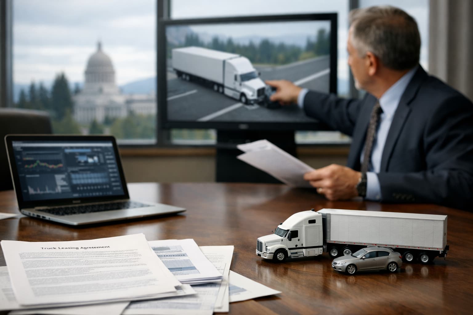 Truck accident attorney reviewing leasing agreements and crash reconstruction data in Olympia office to determine liability in a leased truck accident case.