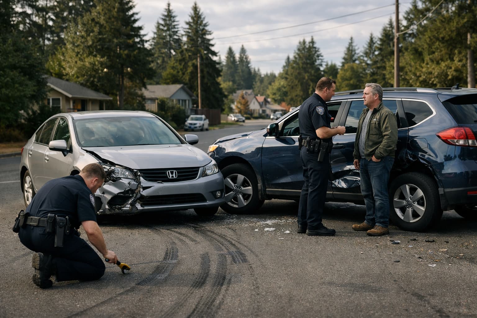 Police investigating an uncontrolled intersection accident in Olympia Washington with visible skid marks and side-impact vehicle damage