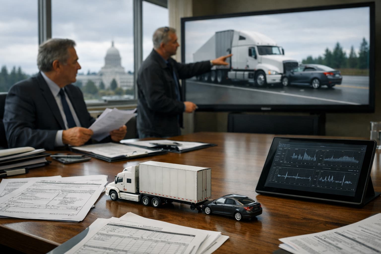 Attorney and accident reconstruction expert reviewing semi-truck collision evidence in Olympia office showing 3D crash model and driver log records